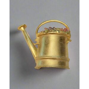 Vintage Gold Tone Watering Can Brooch with Enamel Flowers – Garden Theme